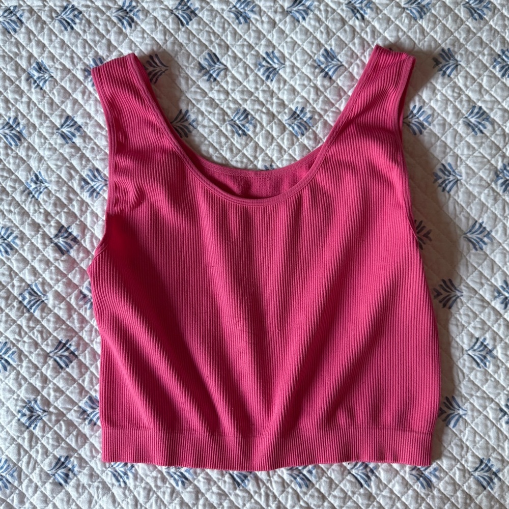 Neon Pink Cropped Scoop Neck Sleeveless Ribbed Pink Tank